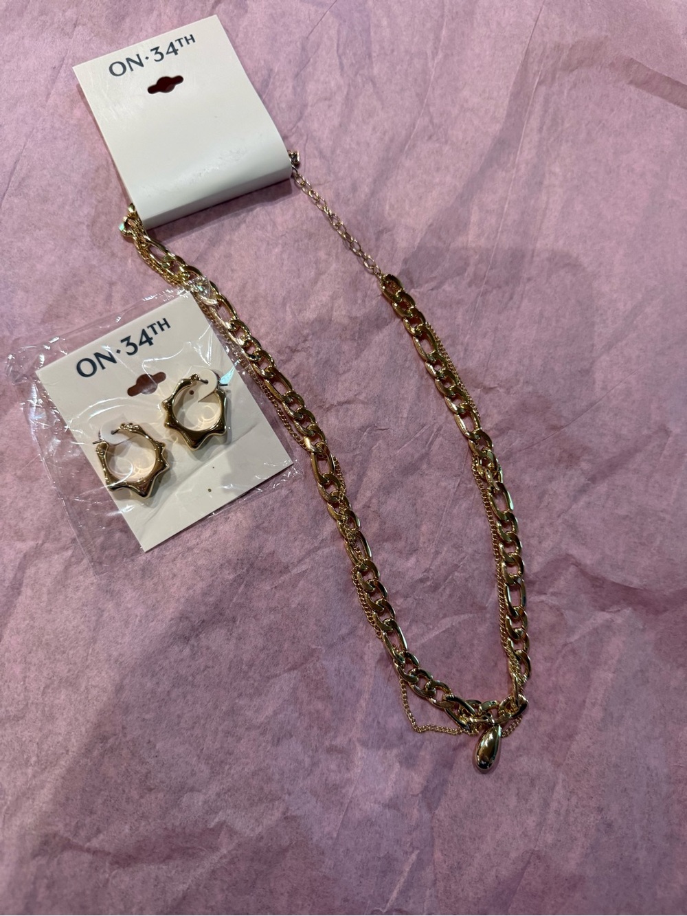 NWT On 34th Macy's Gold Tone Layered Chain Necklace & Wavy Hoop Earring Set